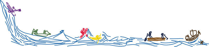 Stilisierter Fluss mit Strichmännchen beim Bootfahren